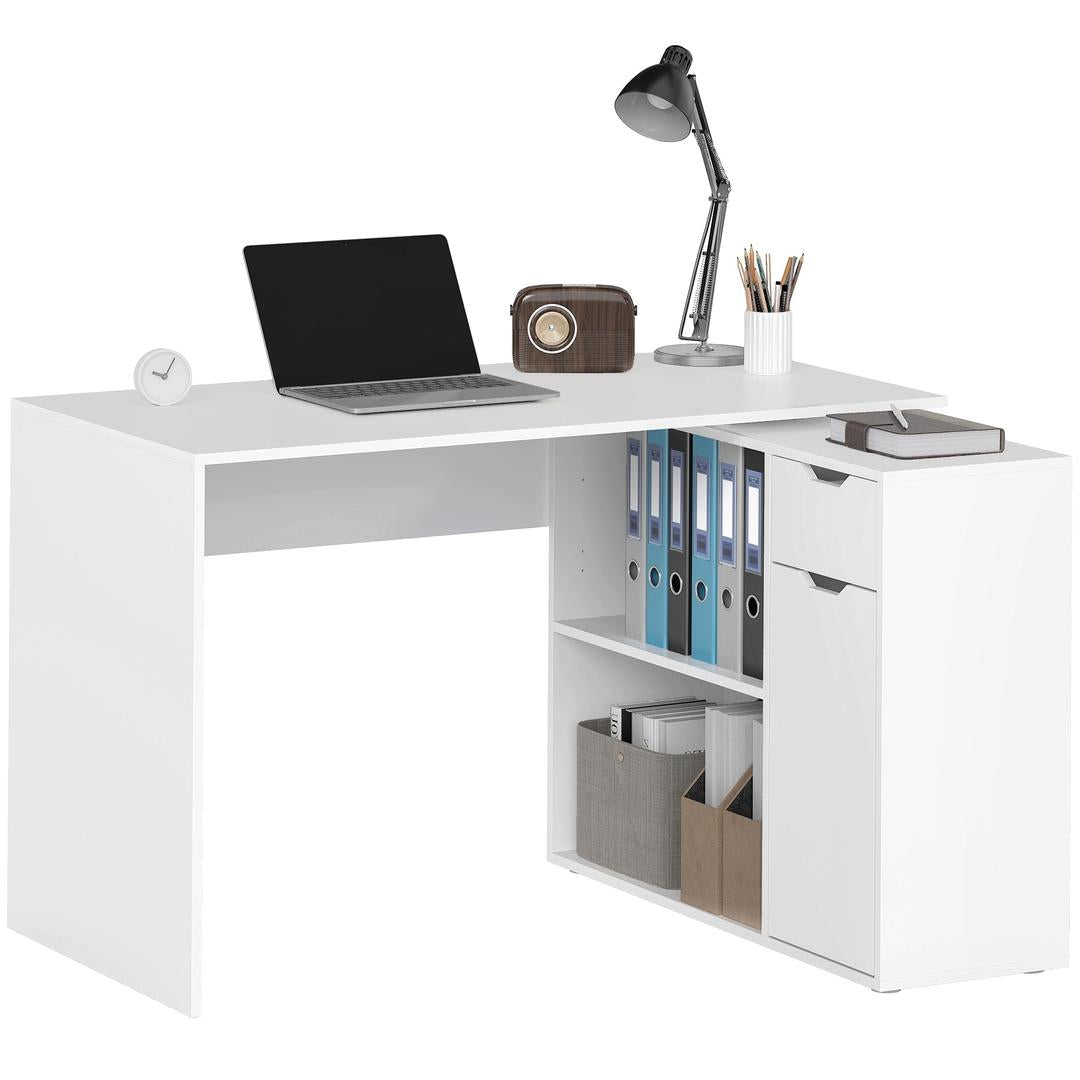 Flexibel bureau met kast en lade – hoekbureau met open vakken, hout, wit