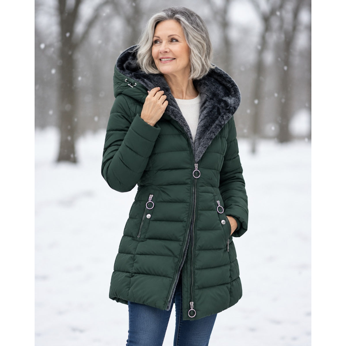 winterjas in donkergroen – vooraanzicht