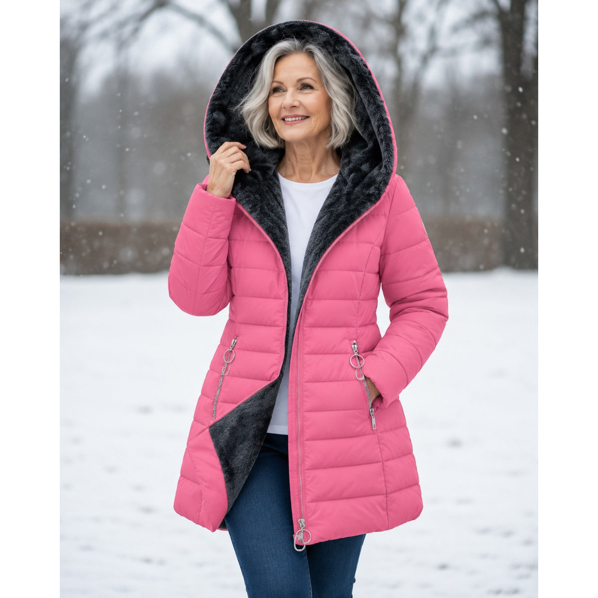 winterjas in roze – formaat in beeld