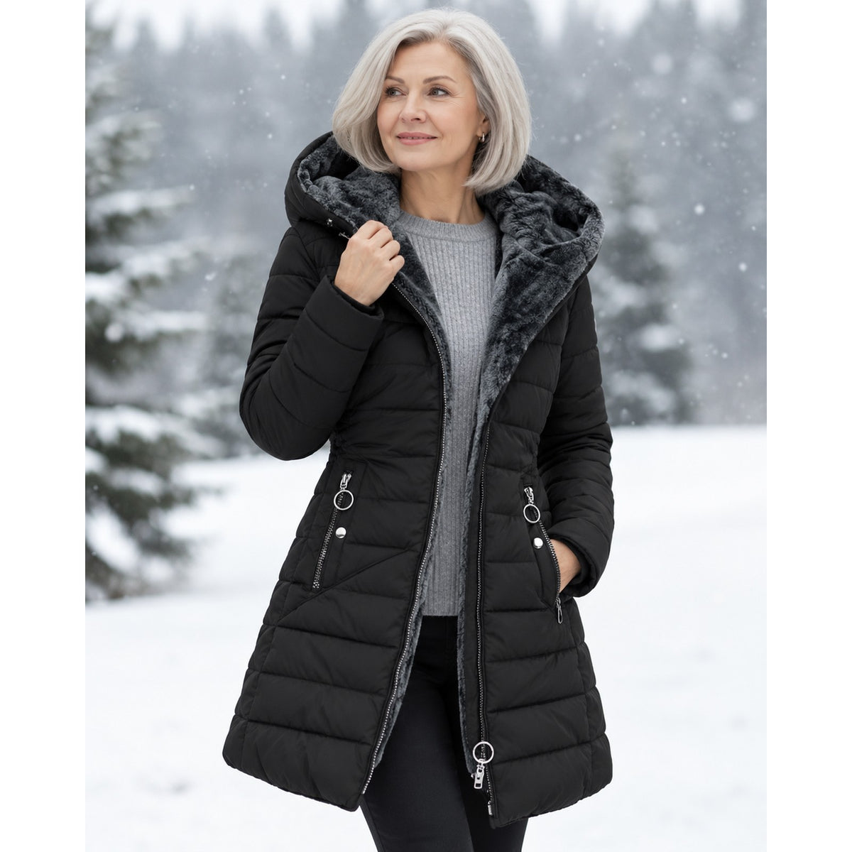 winterjas in zwart – zijaanzicht