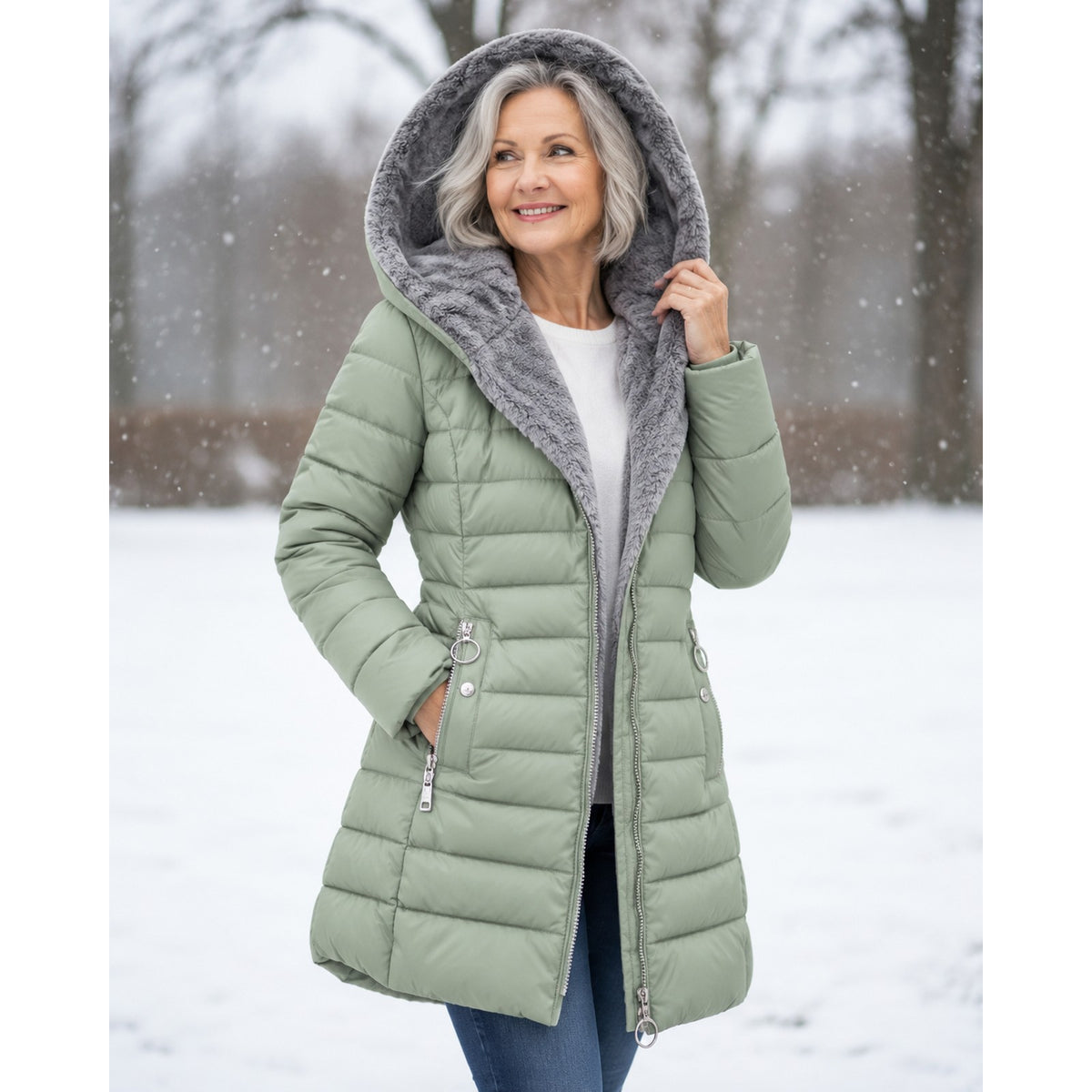 winterjas in lichtgroen – detailfoto van de afwerking