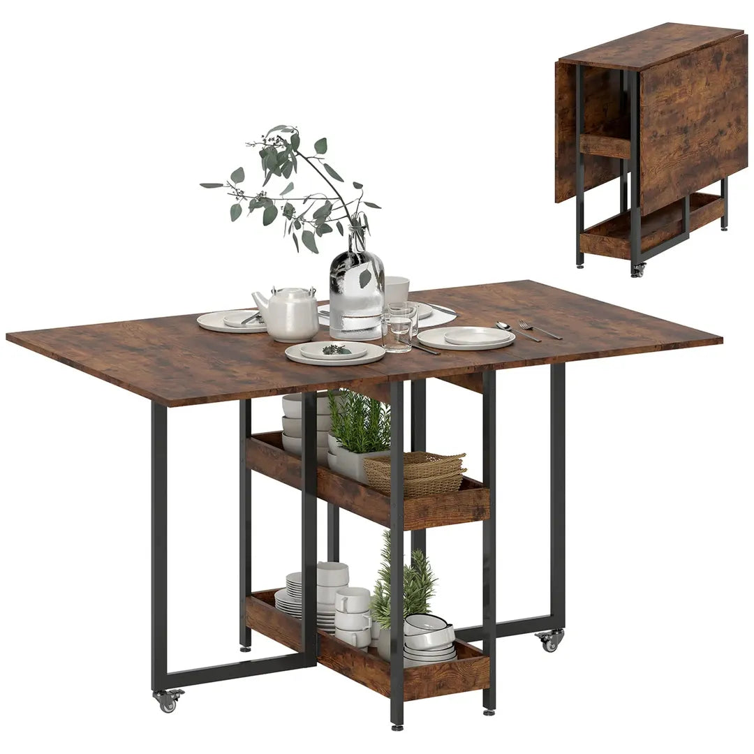 Eettafel inklapbaar – geschikt voor 4 personen – met open opbergrekken – Houtlook spaanplaat en metaal – Bruin