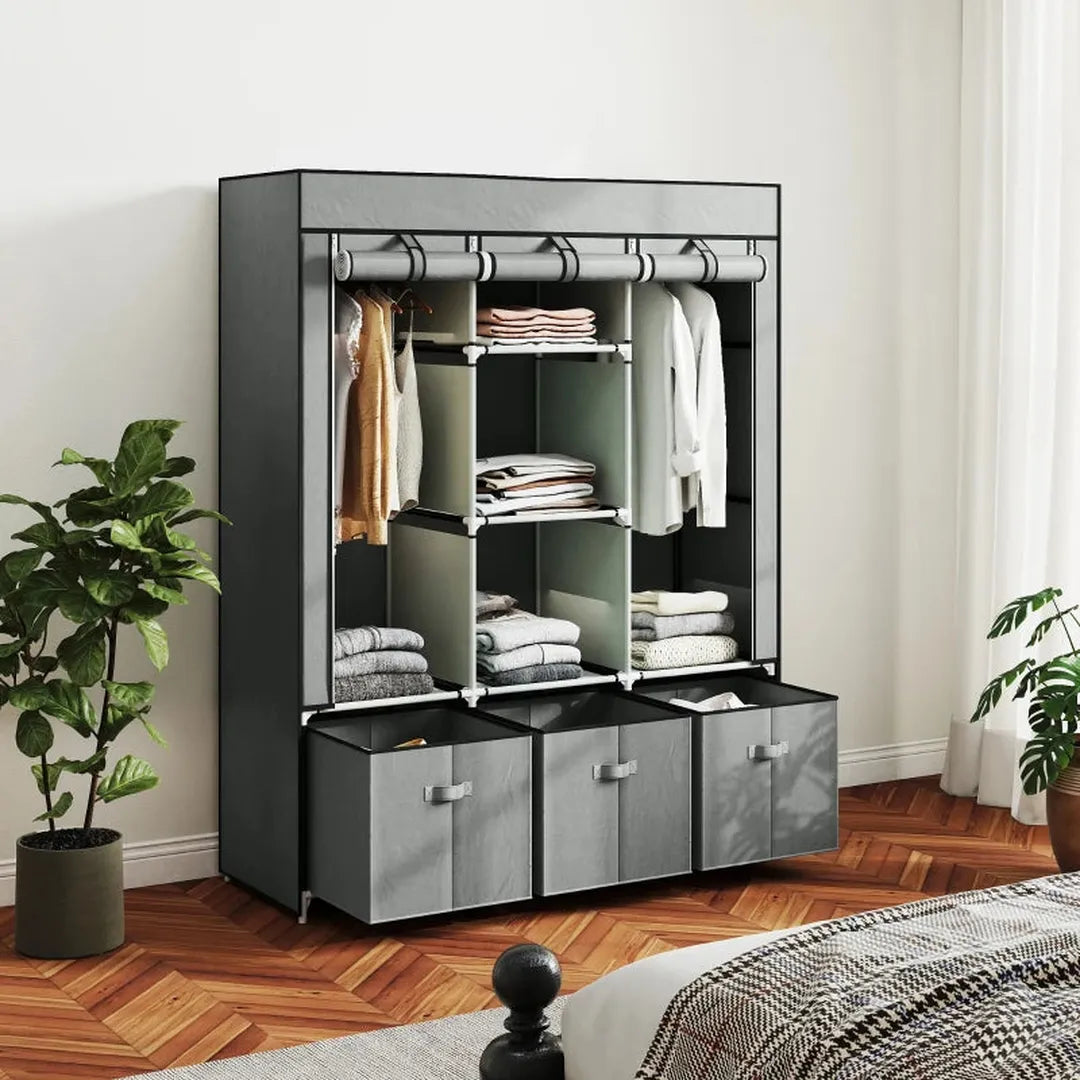 Kledingkast van stof met lades – Opvouwbaar opbergkast met 3 schuiflades – Zwart – 125x43x162,5 cm