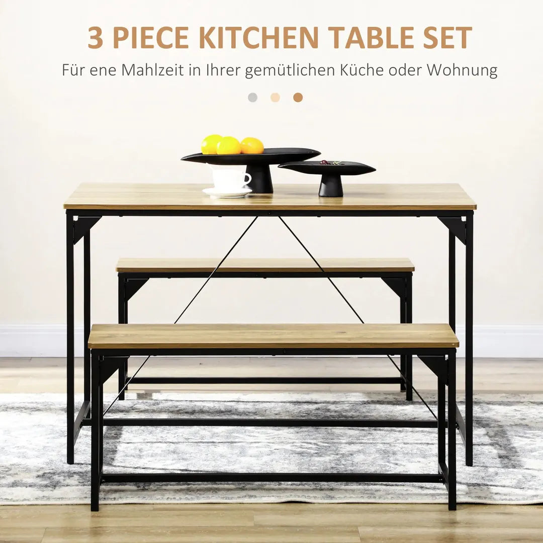 Eettafelset voor 4 Personen – Tafel met 2 Banken van Metaal en Hout, Industrieel Design, 120 x 70 x 75 cm, Zwart/Natuur