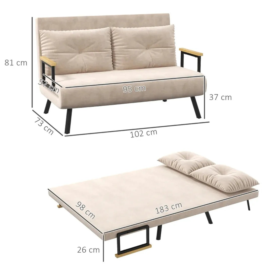 2-zits slaapbank – fluwelen bekleding – inklapbaar – inclusief 2 kussens – naturel
