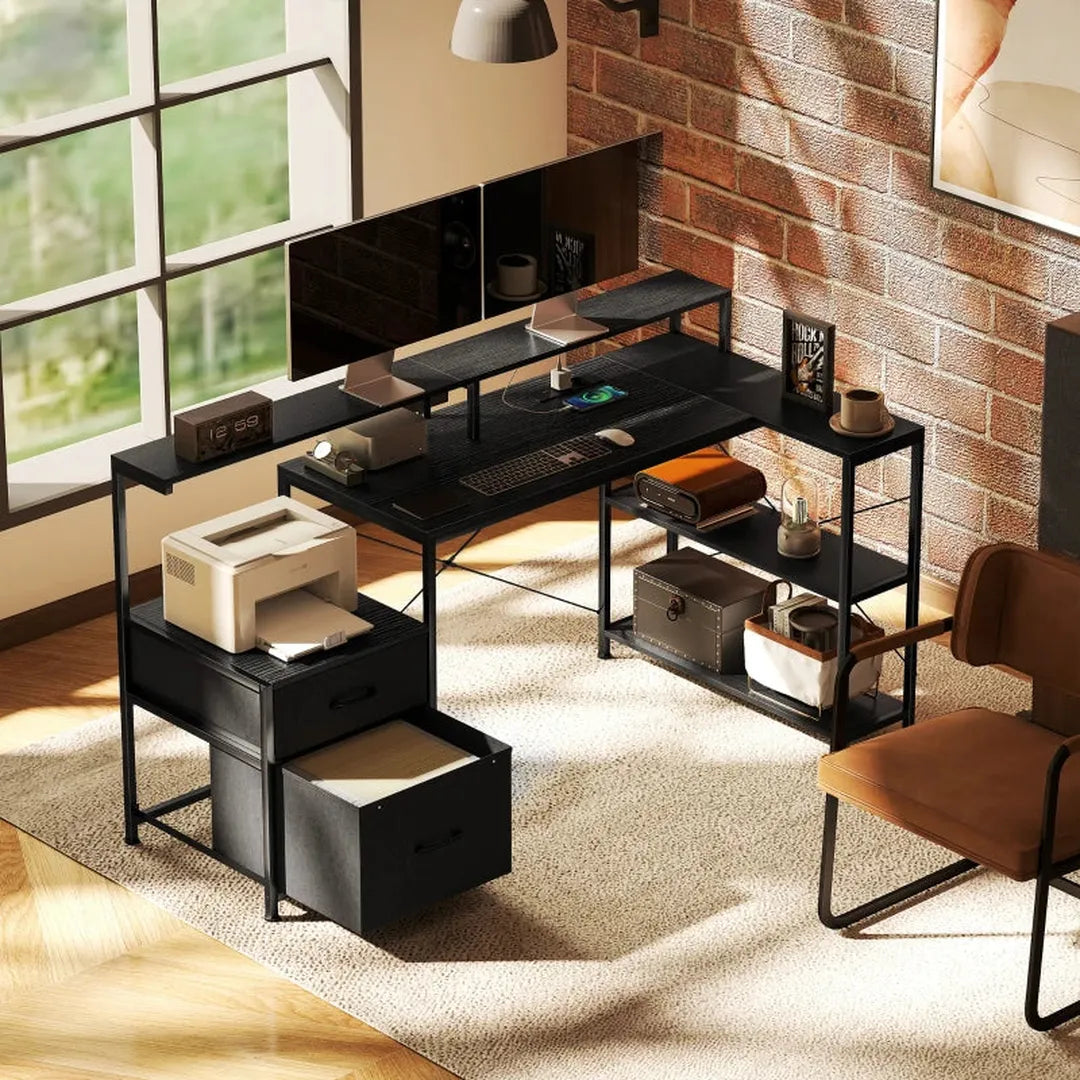 L-vormig bureau met LED en stopcontacten – hoekbureau met dubbele monitorstand en lades, 165 × 80 × 91,5 cm