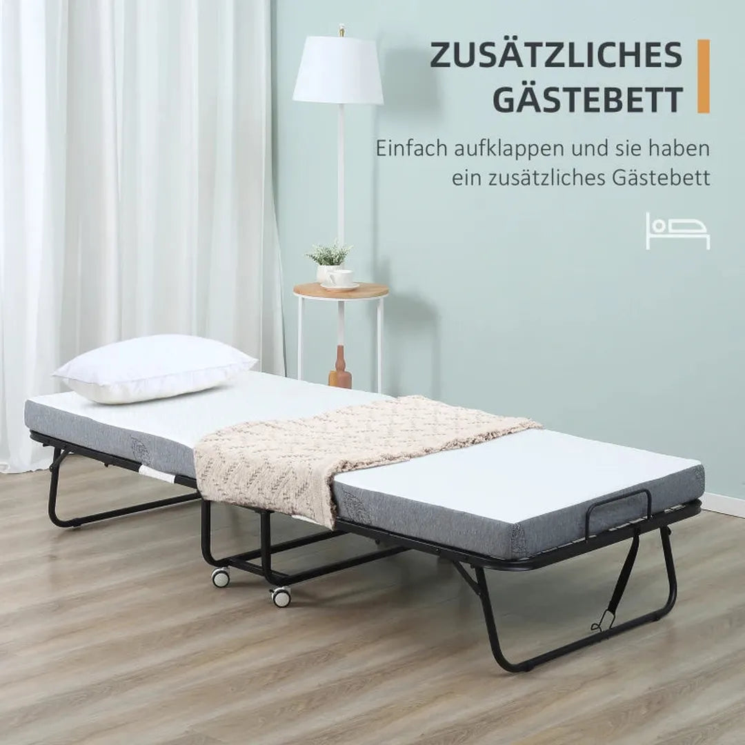 Opklapbaar logeerbed – 80x200 cm – Vouwbed met 10 cm matras en stalen frame – Met wielen – Draagvermogen 150 kg
