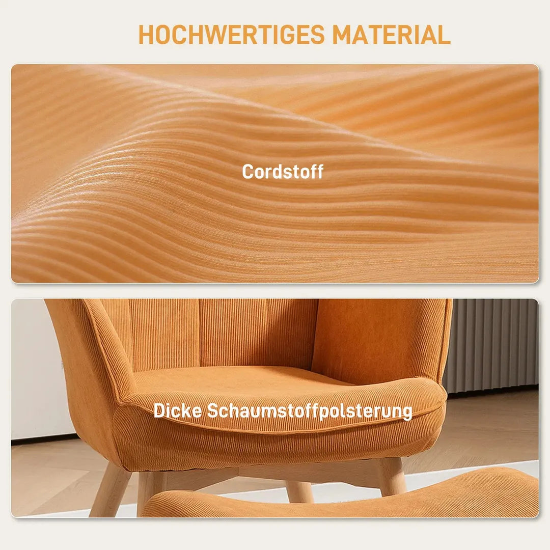 Fauteuil met Hocker – Relaxstoel in Cordstof met Armleuningen en Houten Poten, Grijs, voor Woonkamer