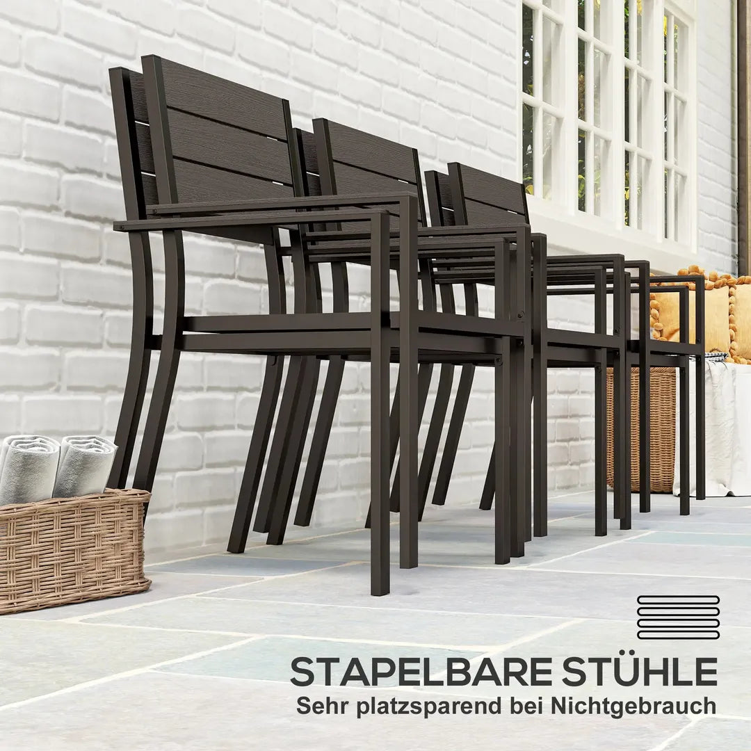 Outsunny 7-delige tuinset met 6 stapelbare stoelen en tafel 160 x 80 x 74 cm – stalen frame en HDPE blad