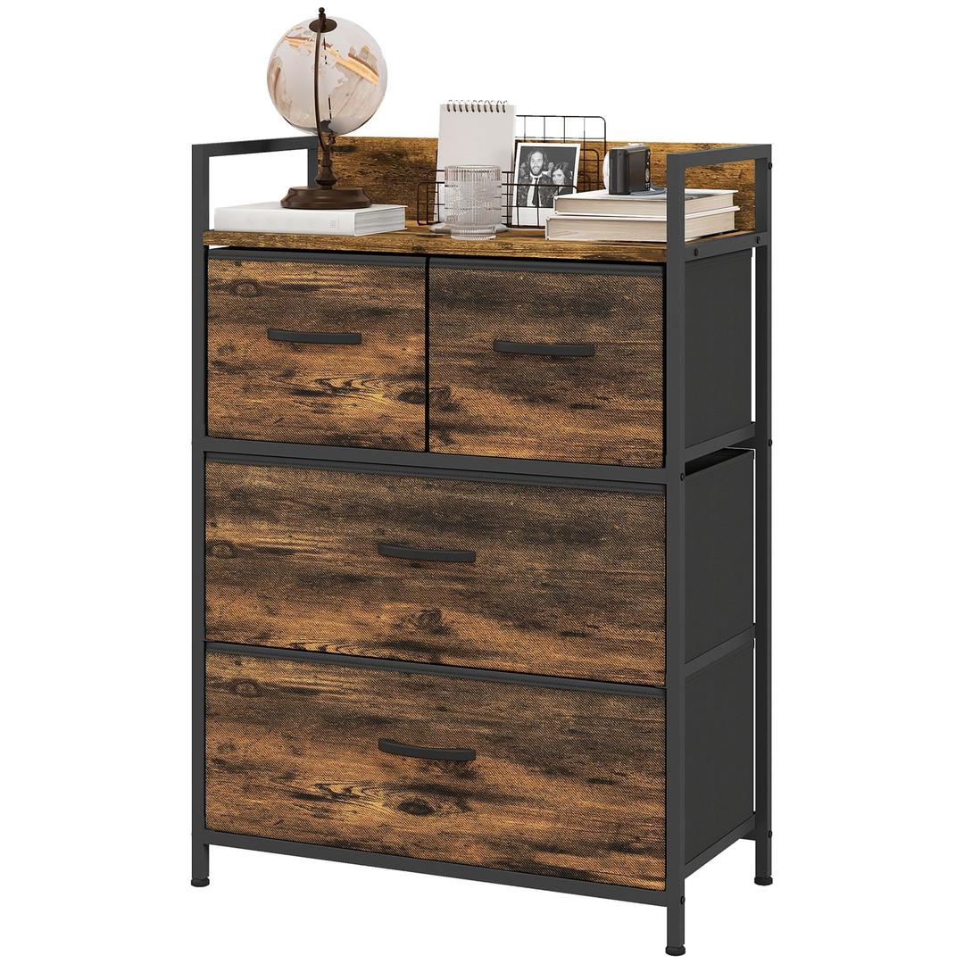 Ladekast met 7 Stoffen Lades – Sideboard in Industrieel Design – Stalen Frame – 98 x 29 x 85 cm – Bruin/Zwart