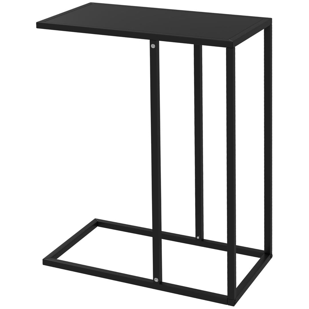 Bijzettafel in C-vorm met Wielen – Laptoptafel of Bedtafel – Metaal en Houtlook Walnoot – 51 x 36 x 65 cm – Zwart