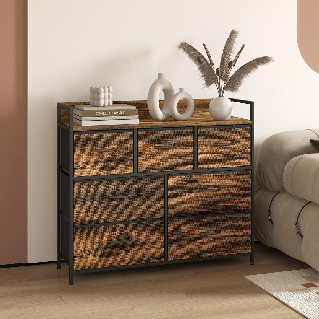Ladekast met 7 Stoffen Lades – Sideboard in Industrieel Design – Stalen Frame – 98 x 29 x 85 cm – Bruin/Zwart