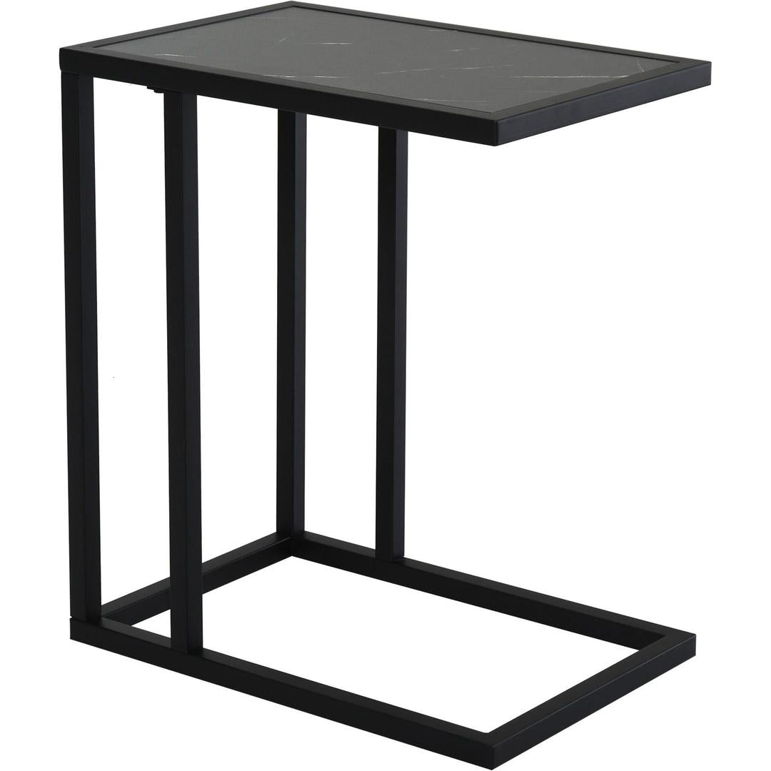 Bijzettafel in C-vorm met Wielen – Laptoptafel of Bedtafel – Metaal en Houtlook Walnoot – 51 x 36 x 65 cm – Zwart