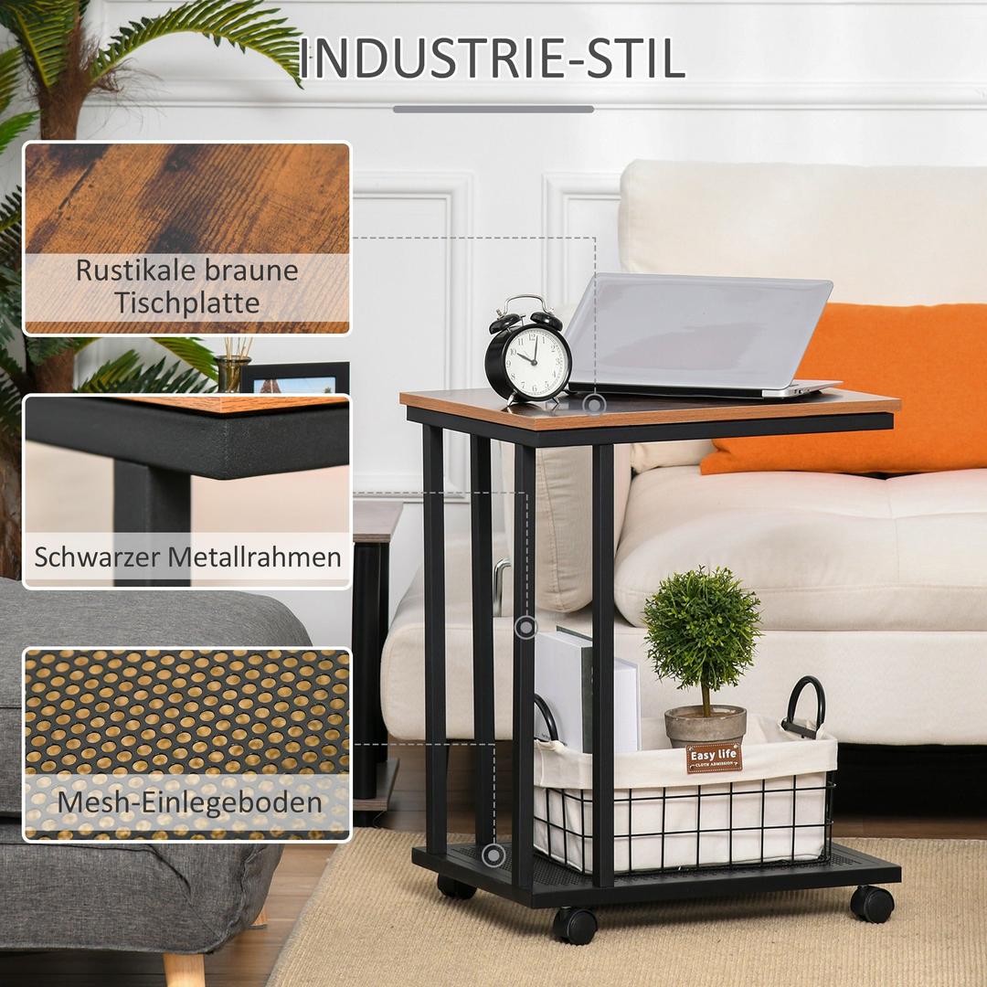 Bijzettafel in C-vorm met Wielen – Laptoptafel of Bedtafel – Metaal en Houtlook Walnoot – 51 x 36 x 65 cm – Zwart