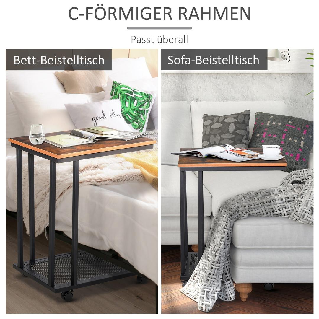 Bijzettafel in C-vorm met Wielen – Laptoptafel of Bedtafel – Metaal en Houtlook Walnoot – 51 x 36 x 65 cm – Zwart