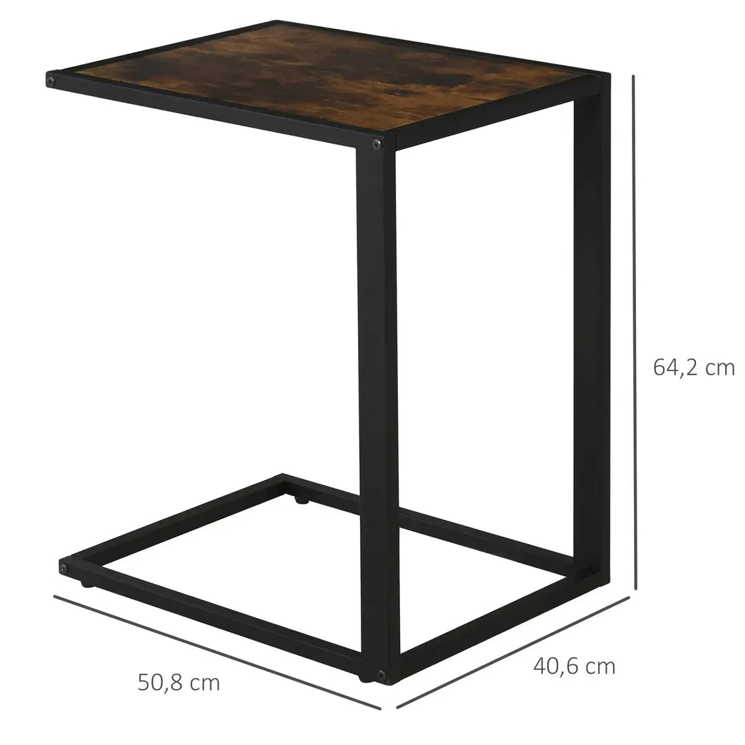 Bijzettafel in C-vorm met Wielen – Laptoptafel of Bedtafel – Metaal en Houtlook Walnoot – 51 x 36 x 65 cm – Zwart