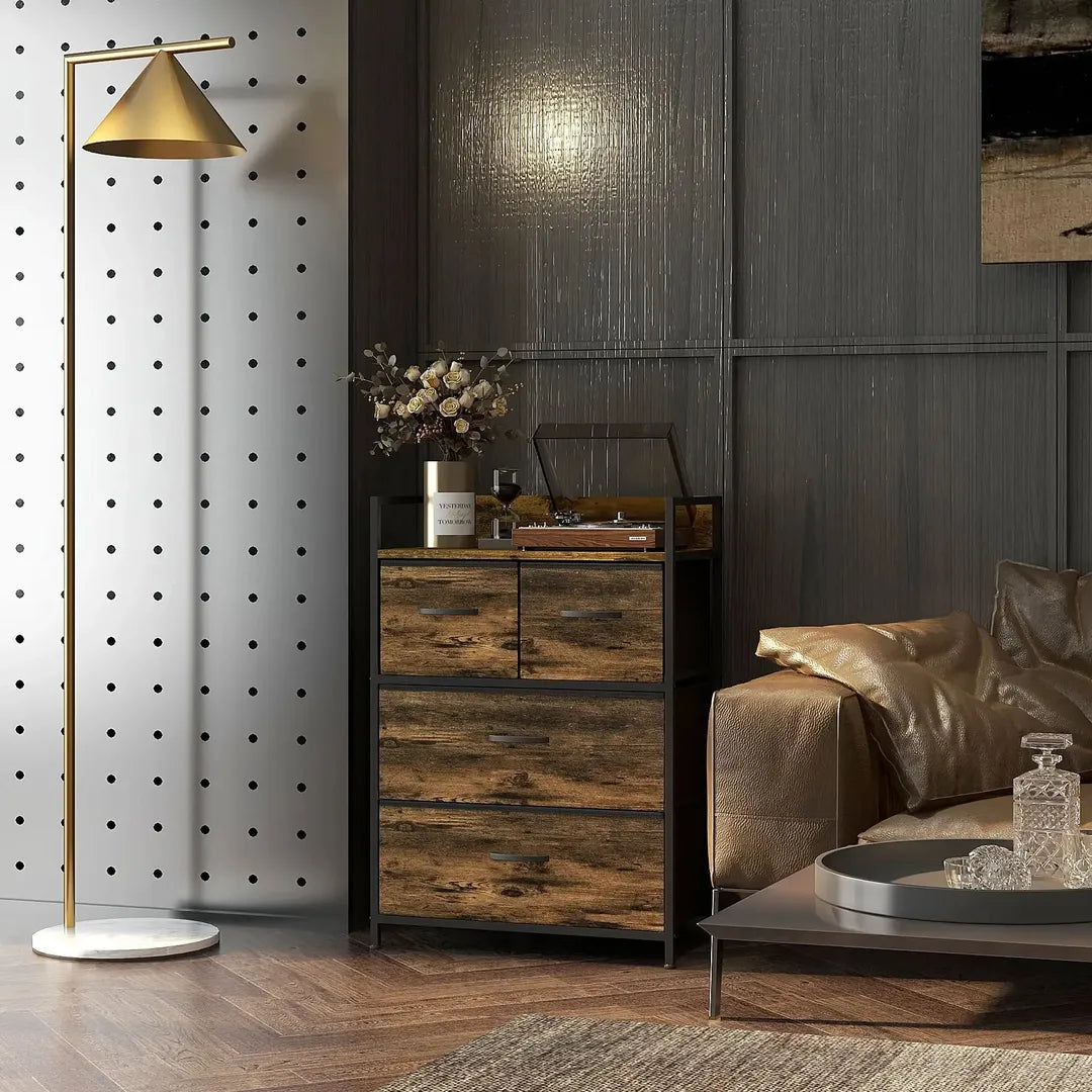 Ladekast met 7 Stoffen Lades – Sideboard in Industrieel Design – Stalen Frame – 98 x 29 x 85 cm – Bruin/Zwart