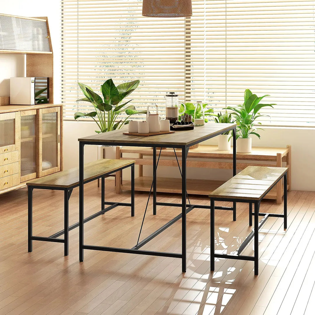 Eettafelset voor 4 Personen – Tafel met 2 Banken van Metaal en Hout, Industrieel Design, 120 x 70 x 75 cm, Zwart/Natuur