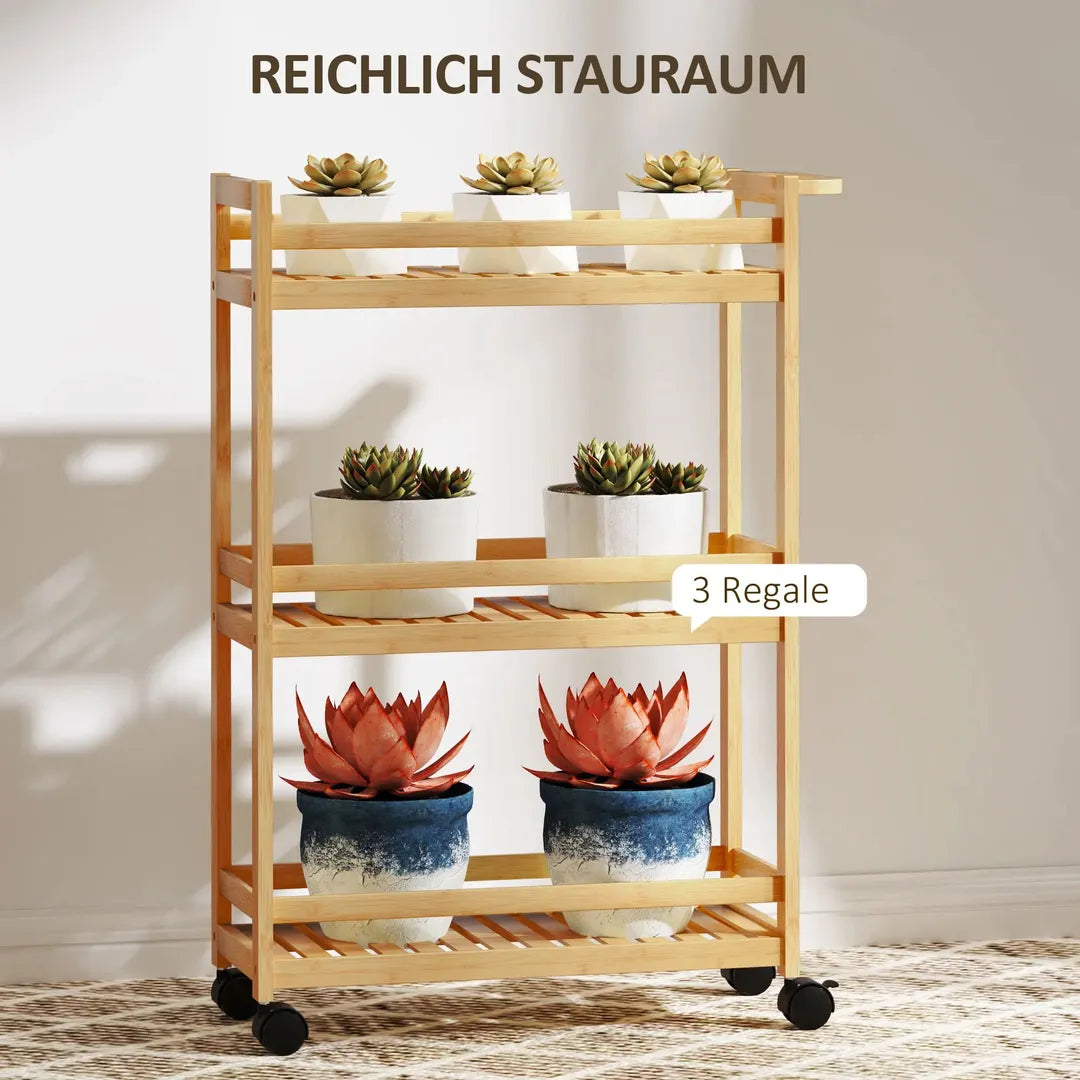 Serveerwagen – 3 lagen met lattenbodems en valbescherming – Bamboe – 55 × 20 × 75 cm