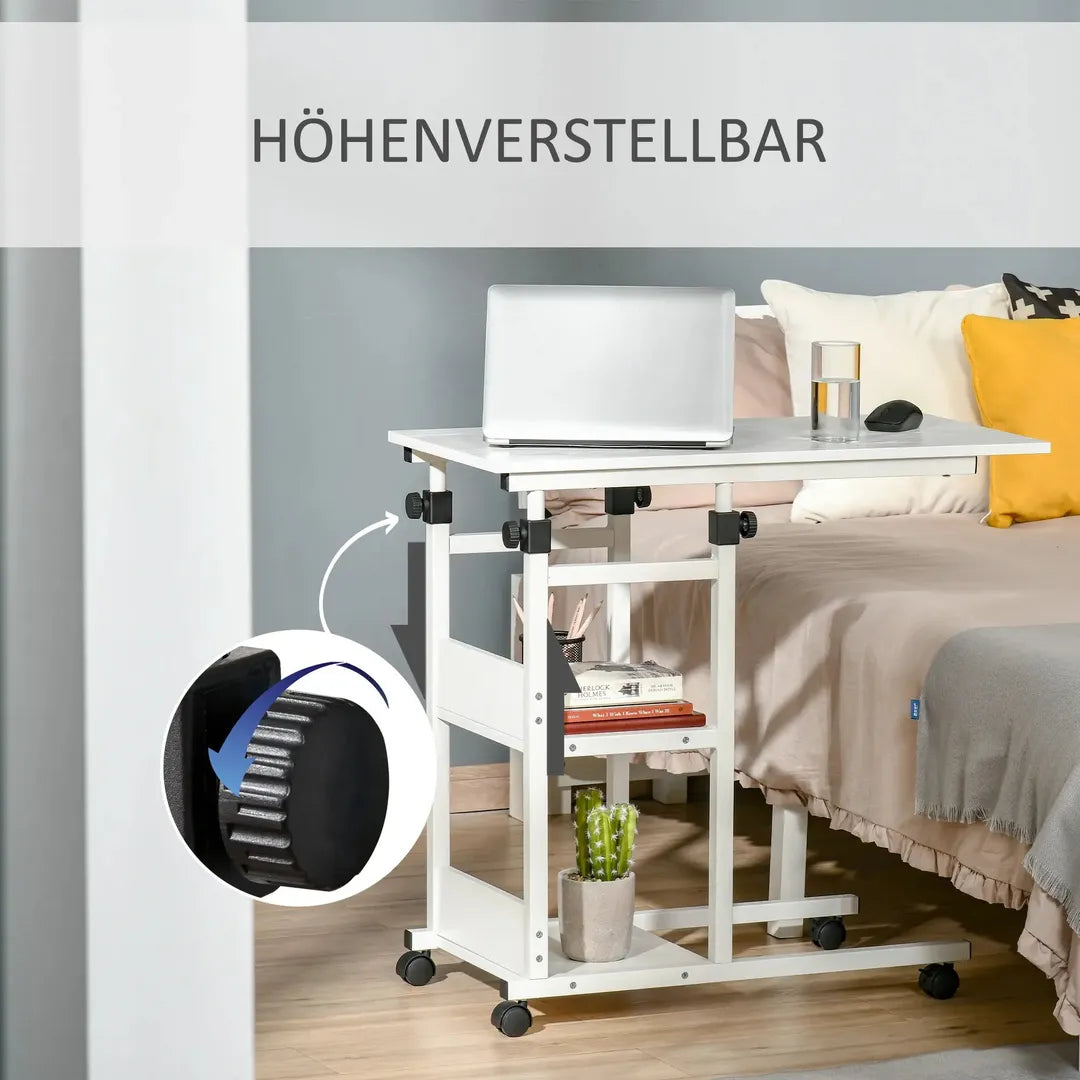 Bijzettafel met Rollen – Hoogteverstelbaar, 2 Opbergniveaus, Metaalframe, 80x40x72-82 cm, Bruin/Zwart