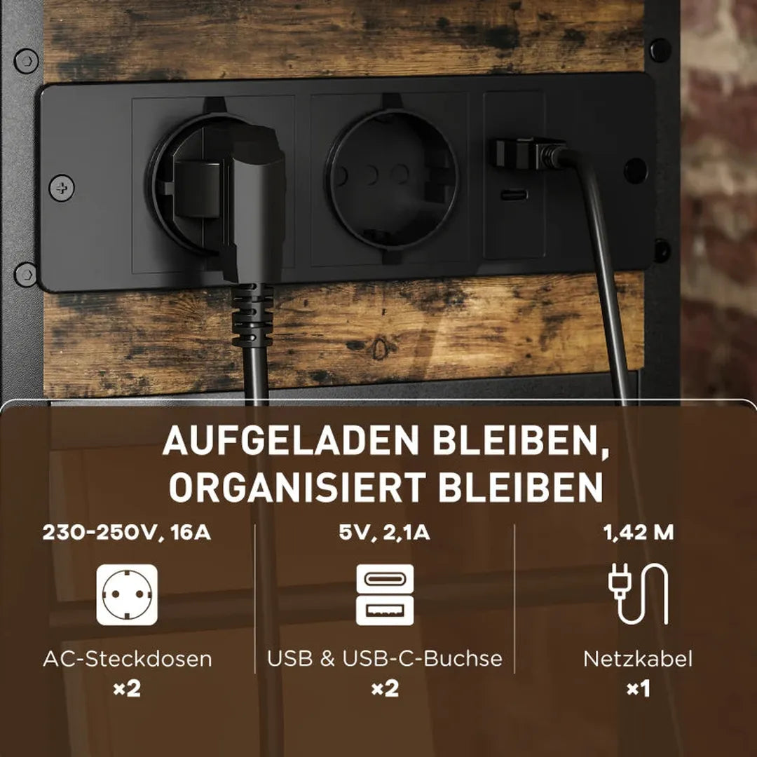 Nachtkastje met stopcontact en USB – 2 opbergvakken – Bijzettafel rustiek bruin – 60x29,8x58,5 cm