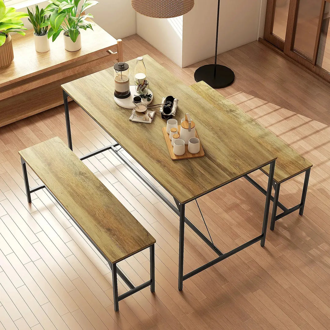 Eettafelset voor 4 Personen – Tafel met 2 Banken van Metaal en Hout, Industrieel Design, 120 x 70 x 75 cm, Zwart/Natuur