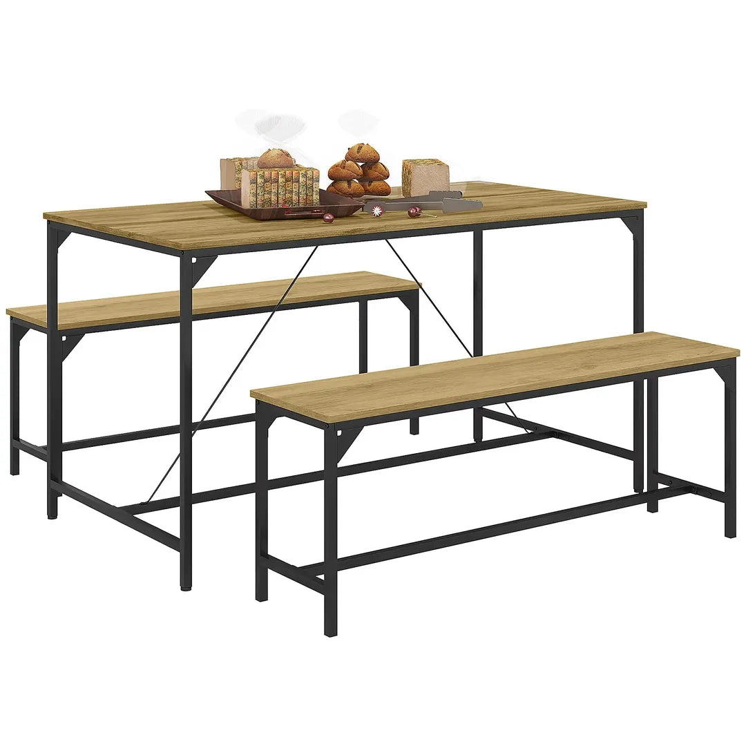 Eettafelset voor 4 Personen – Tafel met 2 Banken van Metaal en Hout, Industrieel Design, 120 x 70 x 75 cm, Zwart/Natuur