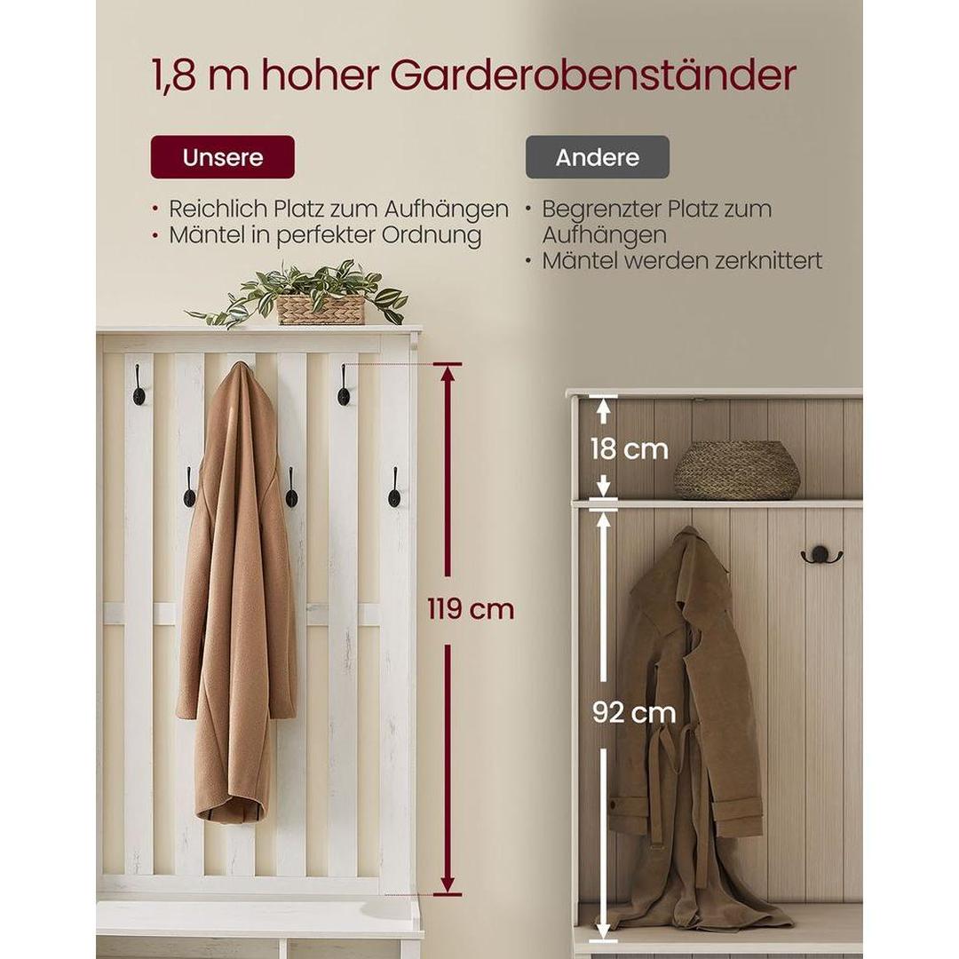 Kapstok met schoenenrek en bankje – 7 dubbele haken – verstelbare planken – industriële hal organizer