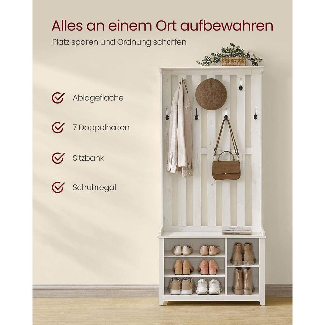 Kapstok met schoenenrek en bankje – 7 dubbele haken – verstelbare planken – industriële hal organizer