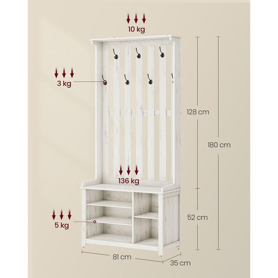 Kapstok met schoenenrek en bankje – 7 dubbele haken – verstelbare planken – industriële hal organizer