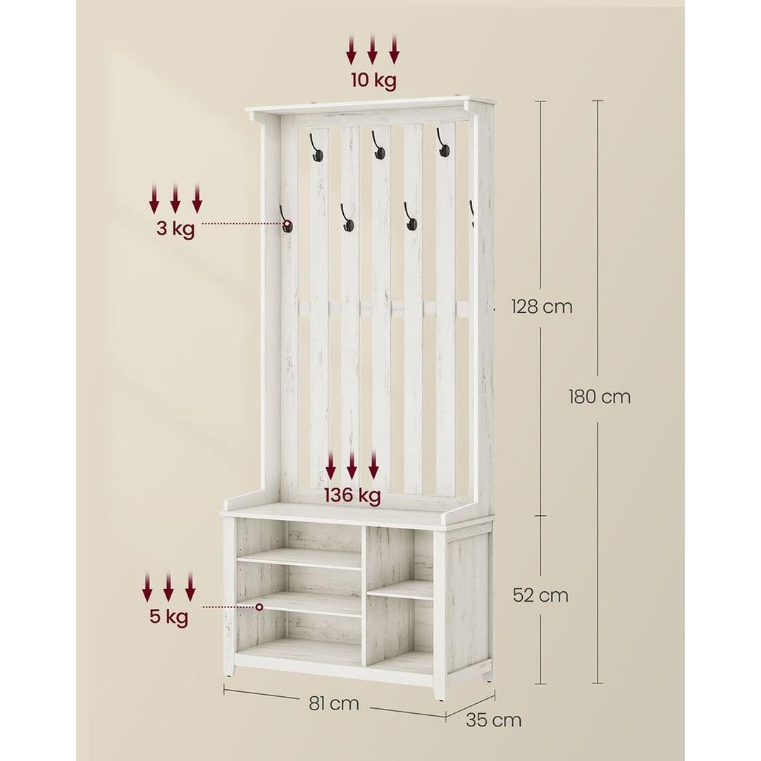 Halmeubel met Zitbank, Schoenenrek en Kapstok – Met 7 Dubbele Haken en Verstelbare Legplanken