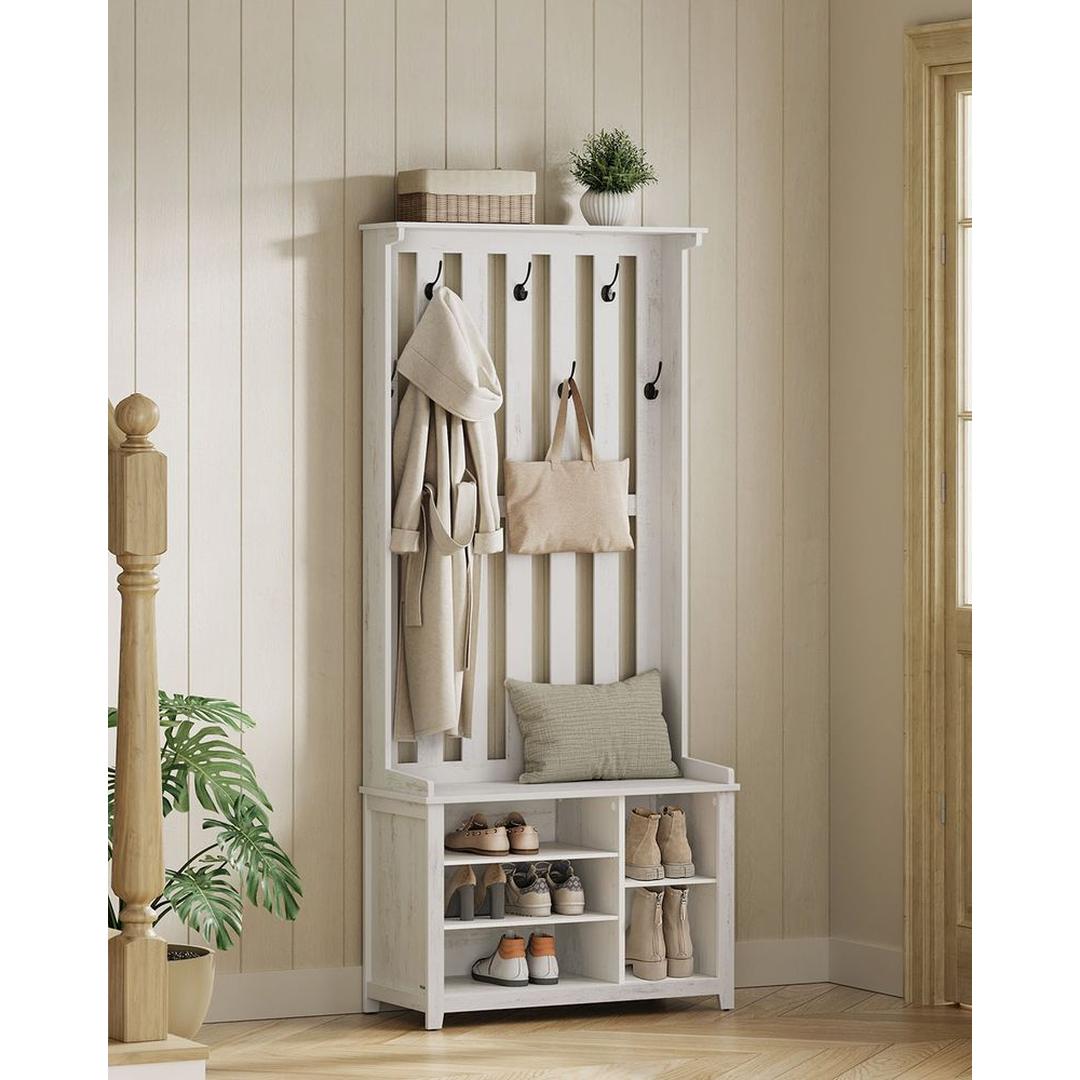 Halmeubel met Zitbank, Schoenenrek en Kapstok – Met 7 Dubbele Haken en Verstelbare Legplanken