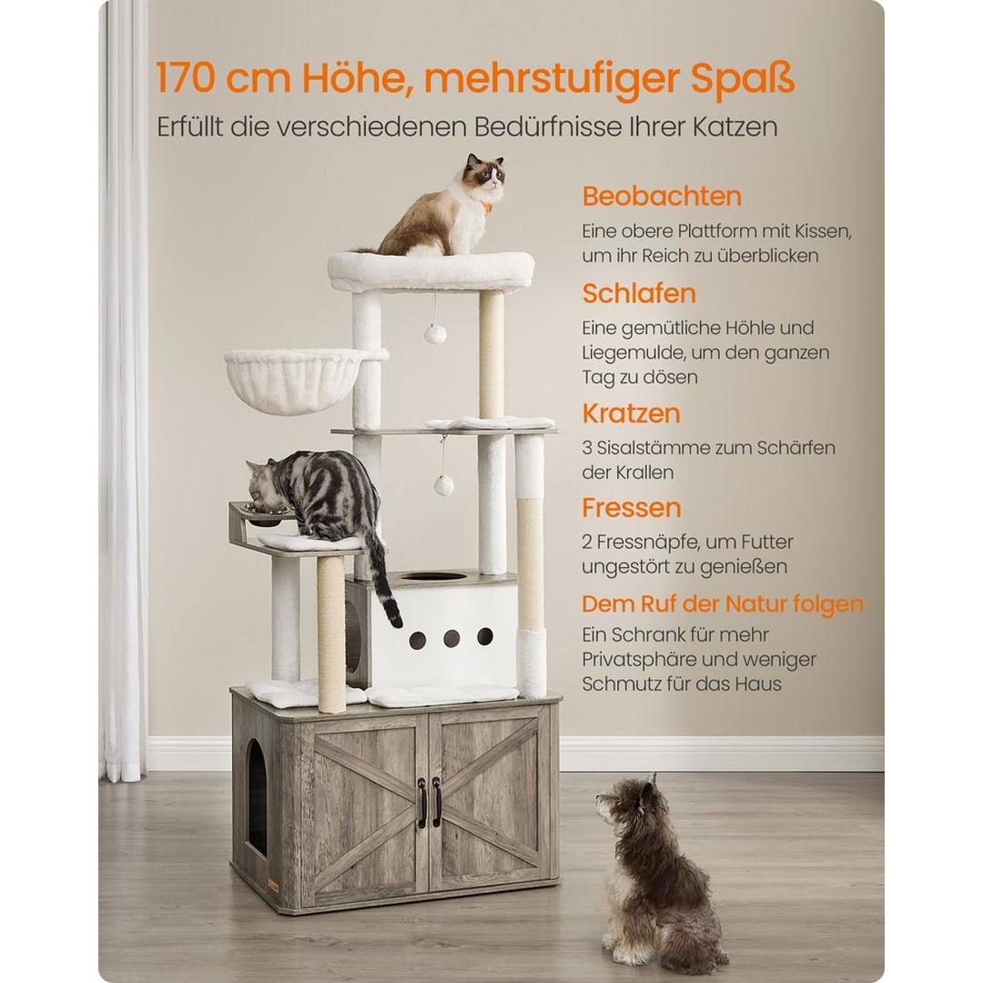 Kattenkrabpaal 170 cm – grote krabpaal met kattenhuis, verhoogde voerbakken en opbergruimte