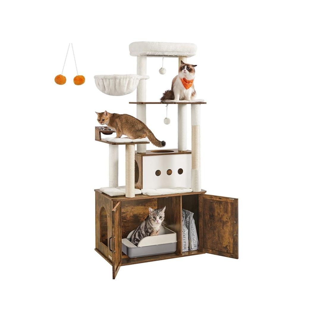 Kattenkrabpaal 170 cm – grote krabpaal met kattenhuis, verhoogde voerbakken en opbergruimte