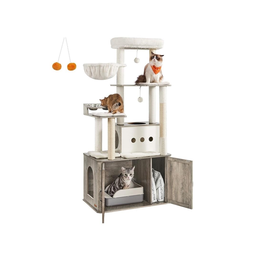Kattenkrabpaal 170 cm – grote krabpaal met kattenhuis, verhoogde voerbakken en opbergruimte