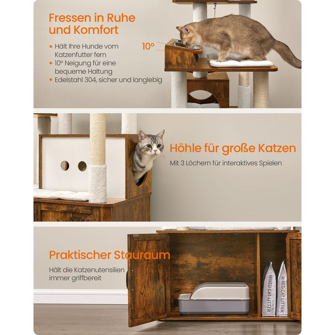 Kattenkrabpaal 170 cm – grote krabpaal met kattenhuis, verhoogde voerbakken en opbergruimte