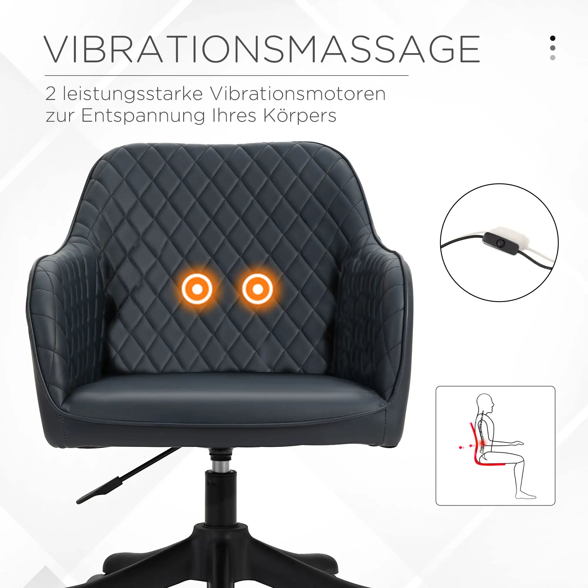 Bureaustoel met massagefunctie – in hoogte verstelbaar, draaibaar, met USB-aansluiting en lendenkussen, grijs