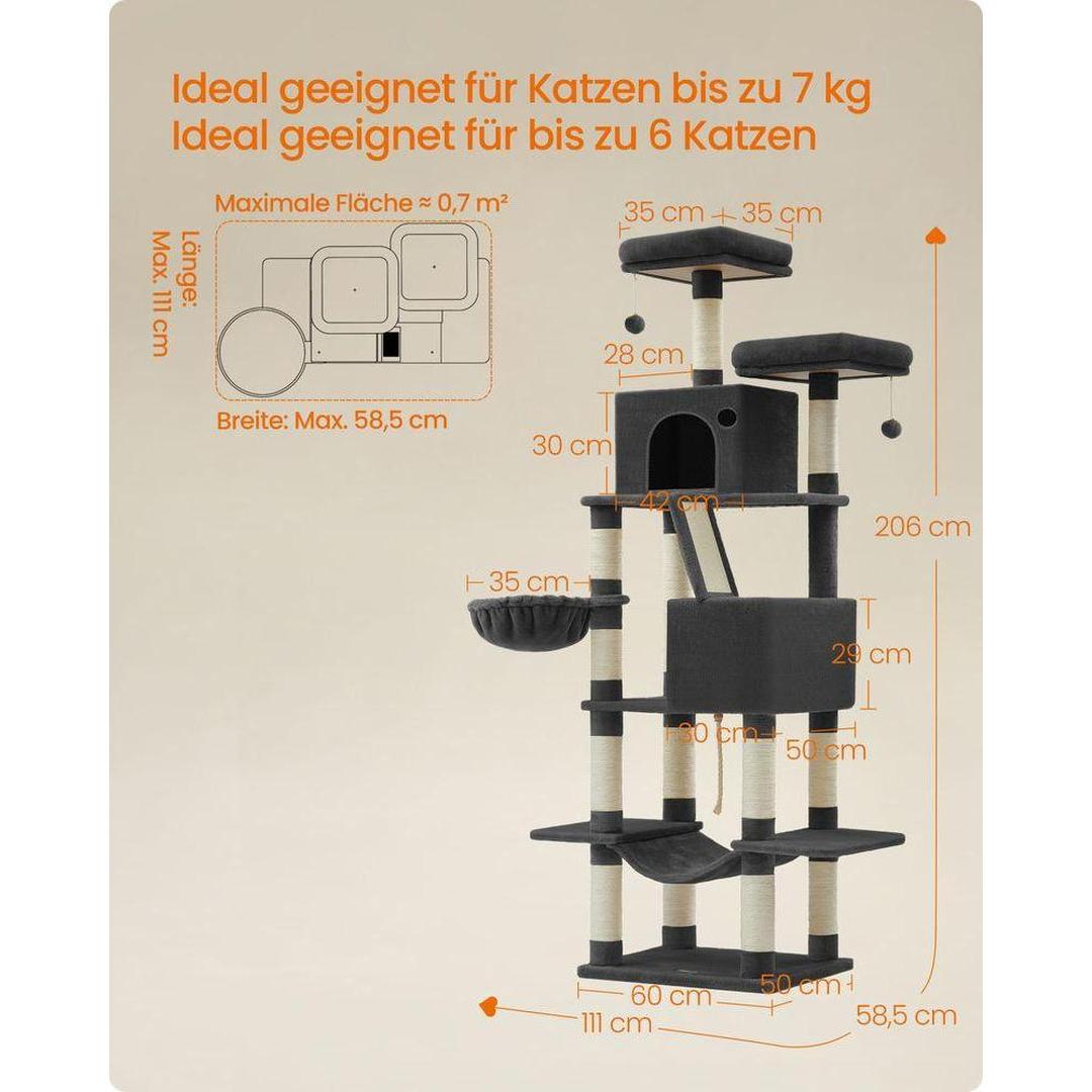Krabpaal – 206 cm hoog – met ligplaatsen en speelzones voor katten