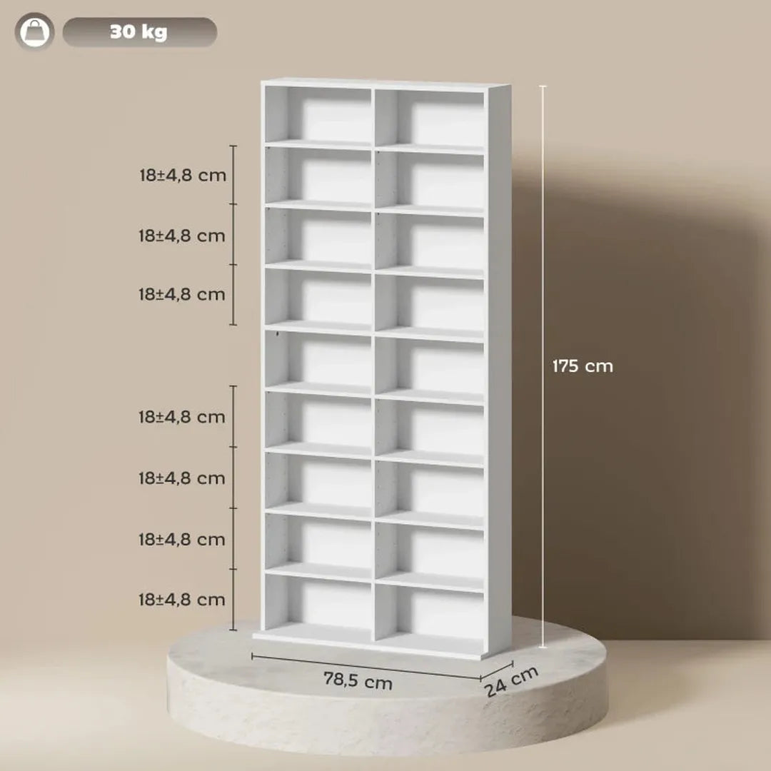 DVD-rek met 14 verstelbare planken – 18 vakken – 175 cm hoog – spaanplaat – wit