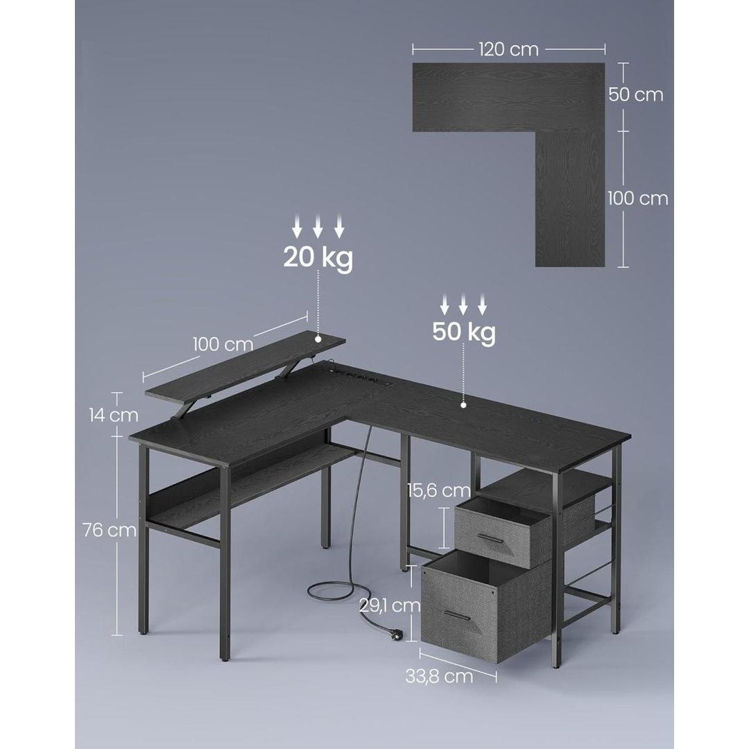 L-vormig hoekbureau met LED-verlichting en stopcontacten – gaming bureau met USB-poorten – modern design