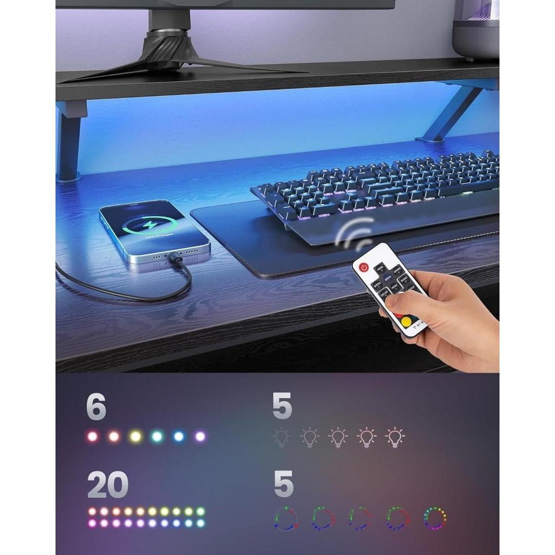 L-vormig hoekbureau met LED-verlichting en stopcontacten – gaming bureau met USB-poorten – modern design