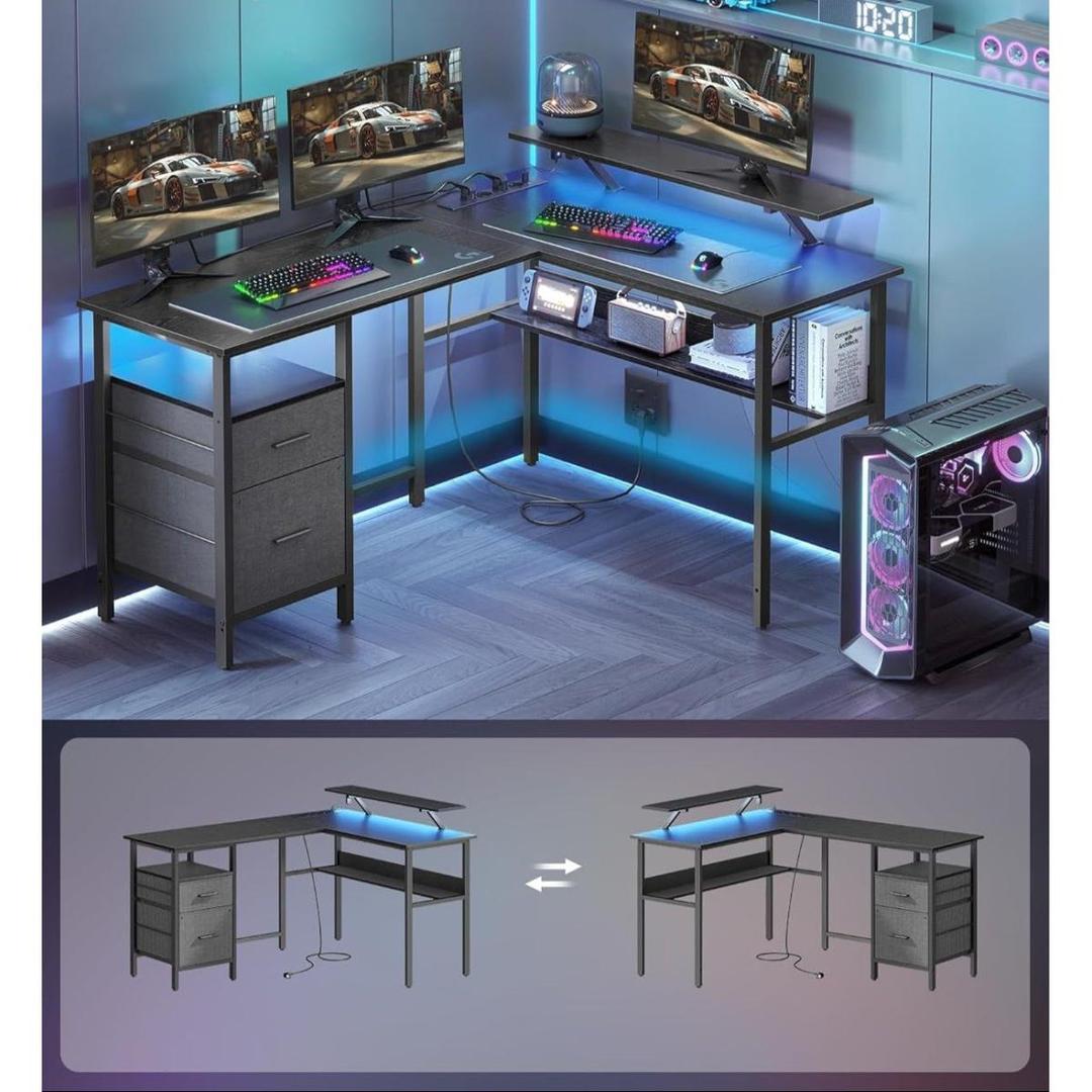 L-vormig hoekbureau met LED-verlichting en stopcontacten – gaming bureau met USB-poorten – modern design