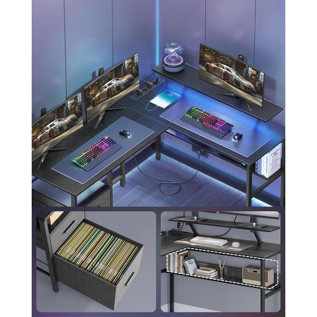 L-vormig hoekbureau met LED-verlichting en stopcontacten – gaming bureau met USB-poorten – modern design