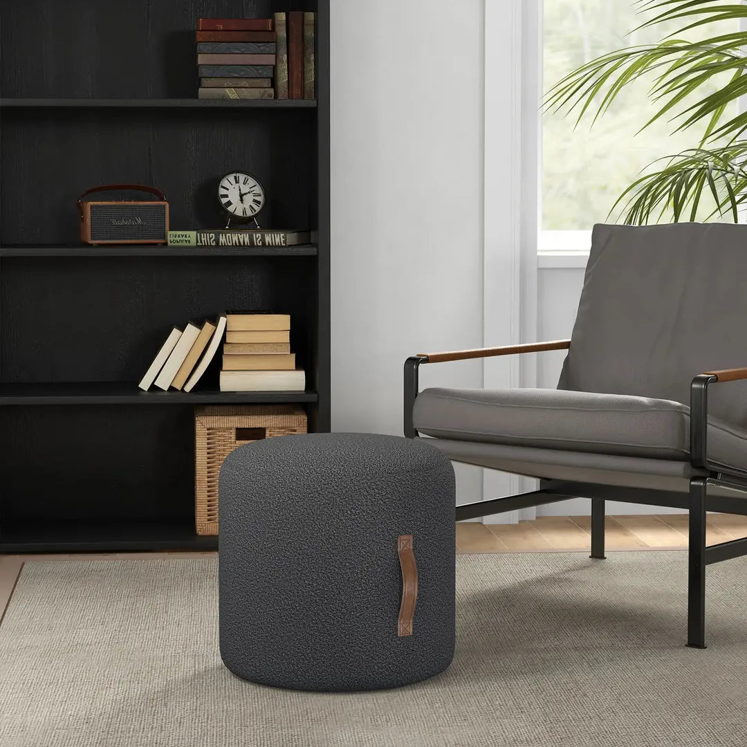 Poef – Moderne Voetenbank – Donkergrijs met Bruin – Stoffen Bekleding en Houten Poten
