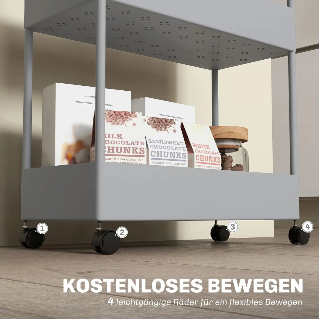 Keukenwagen met 4 legplanken en 4 haken – op wielen – Grijs – 40 × 19 × 90 cm