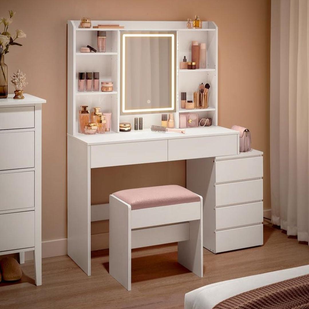 Make-up kruk met velvet zitting – roze bekleding – witte houten poef – draagkracht 120 kg