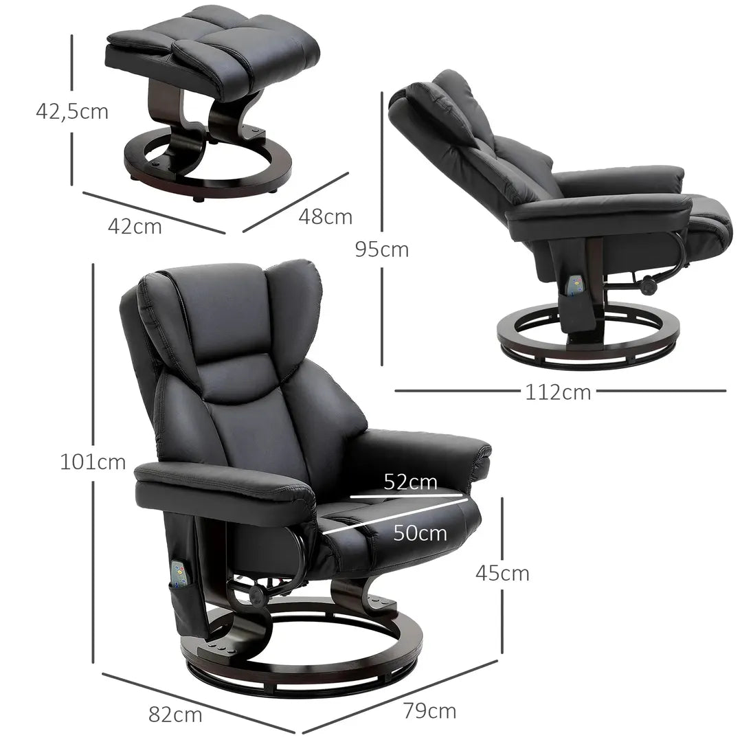 Relaxfauteuil met Massagefunctie en Voetenbank – Kunstleer Zwart – Verstelbaar 79 × 82 × 101 cm