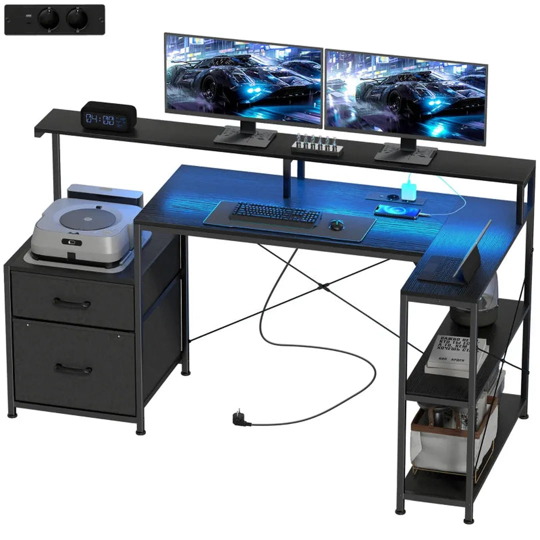 L-vormig bureau met LED en stopcontacten – hoekbureau met dubbele monitorstand en lades, 165 × 80 × 91,5 cm