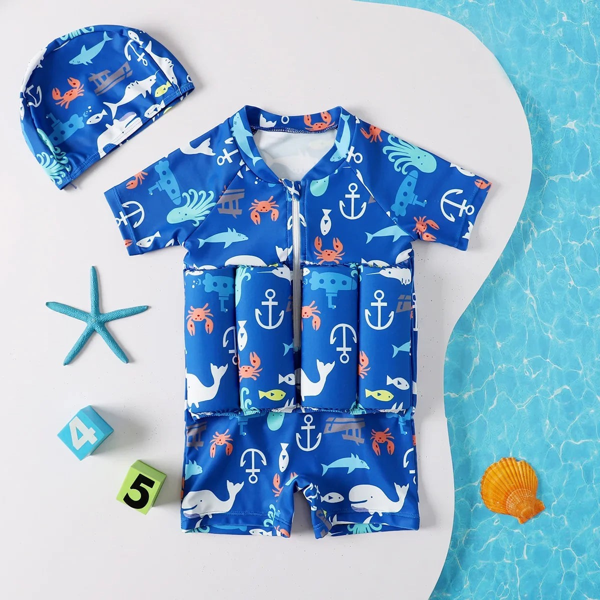 Nord2730 product in oranje dinosaurus van lycra met uitneembare schuimdrijvers – sfeerbeeld in huis