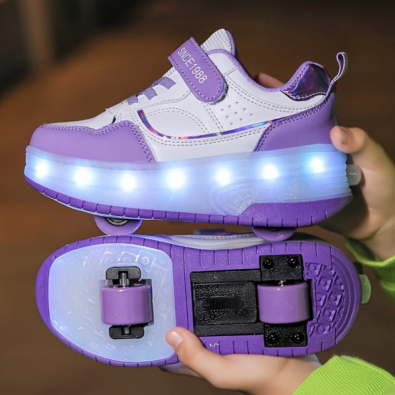 Nord4582 schoen in roze van ademende stof, kunststof wielen en led-verlichting – in een woonkamer